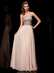 A-Line/Princess Sweetheart Rhinestone Sleeveless Long Chiffon Dresses