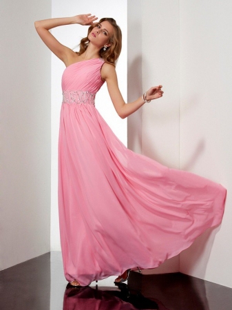 A-Line/Princess One-Shoulder Sleeveless Beading Long Chiffon Dresses