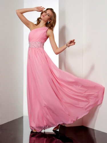 A-Line/Princess One-Shoulder Sleeveless Beading Long Chiffon Dresses