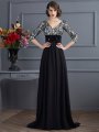 Sheath/Column V-neck 3/4 Sleeves Lace Long Chiffon Dresses