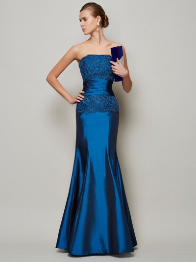 Trumpet/Mermaid Strapless Sleeveless Applique Beading Long Taffeta Dresses [40419]