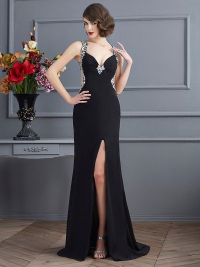 Sheath/Column Straps Sleeveless Beading Long Chiffon Dresses [40578]