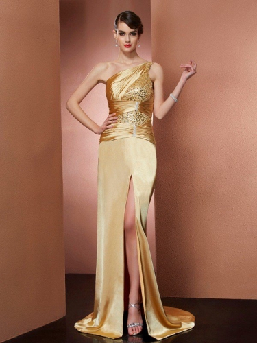 Sheath/Column One-Shoulder Sleeveless Beading Long Elastic Woven Satin Dresses