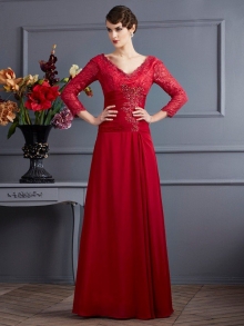 Sheath/Column V-neck 3/4 Sleeves Lace Long Chiffon Dresses