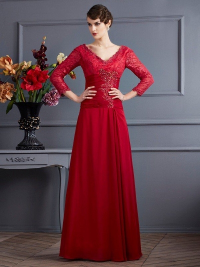 Sheath/Column V-neck 3/4 Sleeves Lace Long Chiffon Dresses [40748]