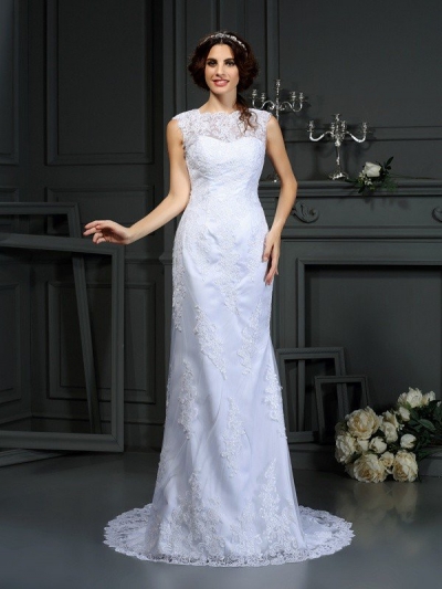 Sheath/Column High Neck Lace Sleeveless Long Lace Wedding Dresses [50077]