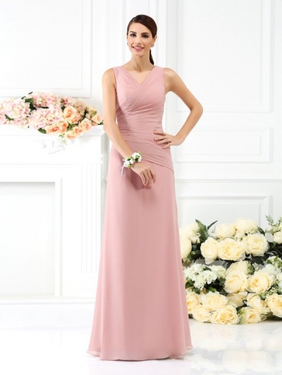 Sheath/Column V-neck Pleats Sleeveless Long Chiffon Bridesmaid Dresses [50120]