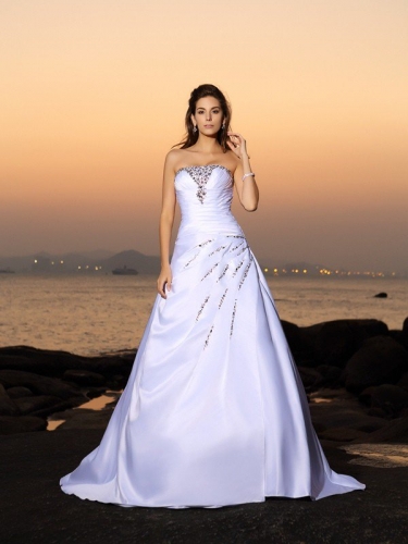 A-Line/Princess Strapless Beading Sleeveless Long Satin Beach Wedding Dresses