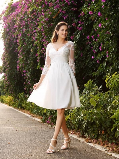 A-Line/Princess V-neck 3/4 Sleeves Short Chiffon Wedding Dresses [50153]