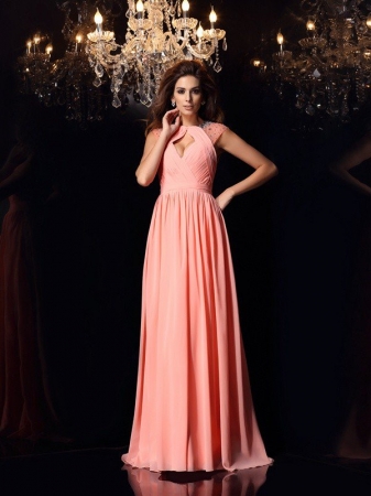 A-Line/Princess Scoop Beading Sleeveless Long Chiffon Dresses