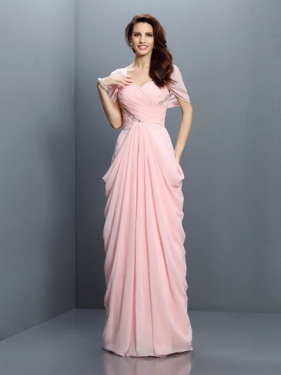 A-Line/Princess Sweetheart Pleats Short Sleeves Long Chiffon Bridesmaid Dresses [50304]