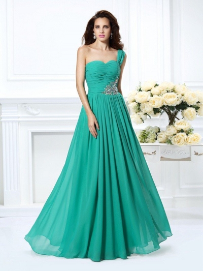 A-Line/Princess One-Shoulder Beading Sleeveless Long Chiffon Dresses [50338]