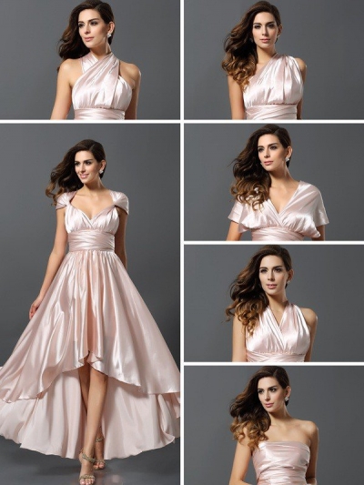 Sheath/Column Sleeveless High Low Silk like Satin Bridesmaid Dresses [50361]