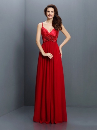 A-Line/Princess V-neck Hand-Made Flower Sleeveless Long Chiffon Bridesmaid Dresses