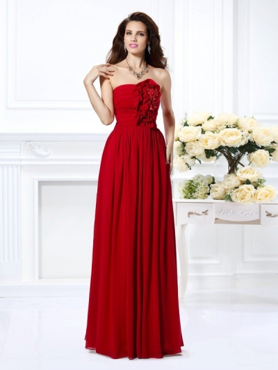 A-Line/Princess Strapless Hand-Made Flower Sleeveless Long Chiffon Bridesmaid Dresses [50478]