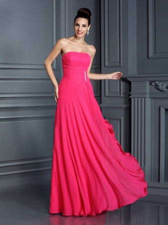 A-Line/Princess Strapless Beading Sleeveless Long Chiffon Bridesmaid Dresses