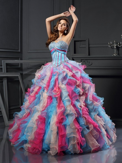 Ball Gown Sweetheart Beading Sleeveless Long Organza Quinceanera Dresses