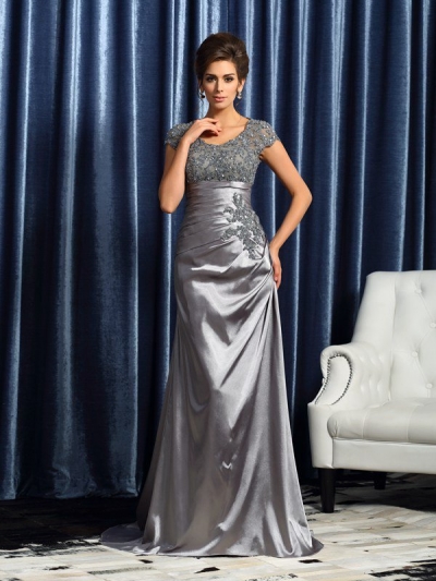 Trumpet/Mermaid Scoop Beading Short Sleeves Long Taffeta Mother of the Bride Dresses [50853]