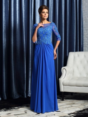 A-Line/Princess Bateau Beading 1/2 Sleeves Long Chiffon Mother of the Bride Dresses