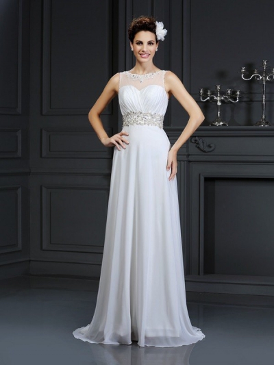 A-Line/Princess Bateau Ruffles Sleeveless Long Chiffon Wedding Dresses [51079]