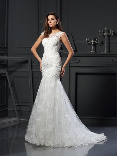 Trumpet/Mermaid Scoop Applique Short Sleeves Long Tulle Wedding Dresses [51092]