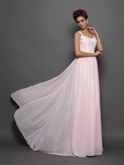 A-Line/Princess Straps Beading Sleeveless Applique Long Chiffon Dresses [51242]