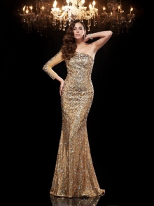 Trumpet/Mermaid One-Shoulder Beading 3/4 Sleeves Long Sequins Dresses