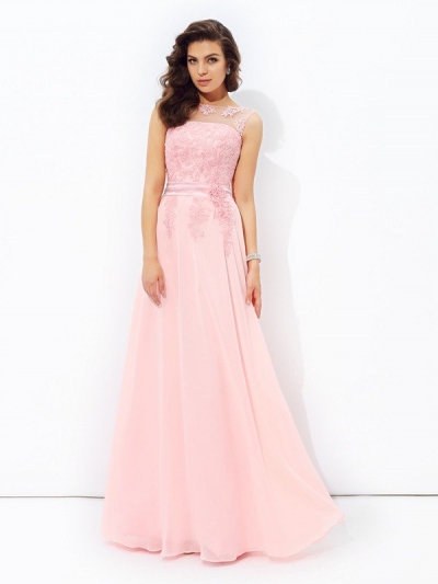 A-line/Princess Scoop Applique Sleeveless Long Chiffon Dresses [60126]