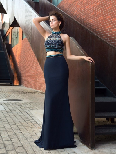 Sheath/Column High Neck Beading Sleeveless Long Chiffon Two Piece Dresses [60159]