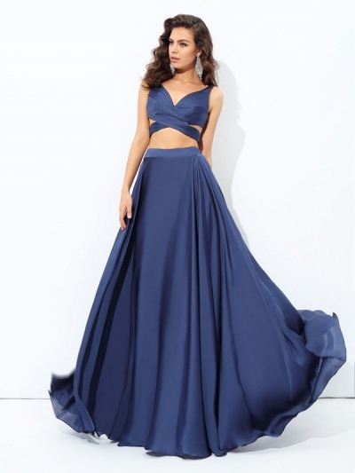 A-line/Princess Straps Sleeveless Long Satin Chiffon Two Piece Dresses [60169]