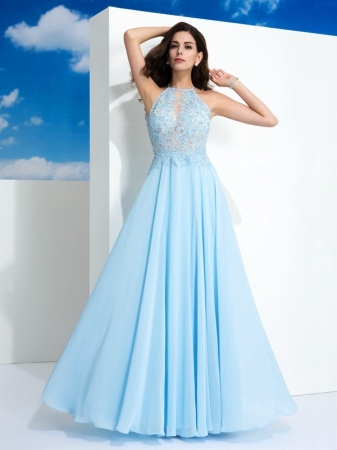 A-Line/Princess Spaghetti Straps Applique Sleeveless Long Chiffon Dresses