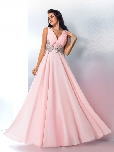 A-Line/Princess V-neck Beading Sleeveless Long Chiffon Dresses [60193]