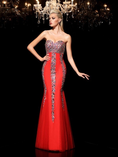 Sheath/Column Sweetheart Rhinestone Sleeveless Long Net Dresses [60197]