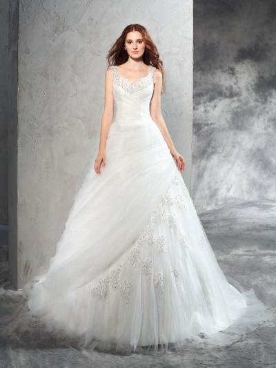 Ball Gown Straps Applique Sleeveless Long Net Wedding Dresses [60225]