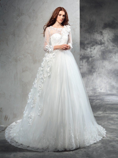 Ball Gown Sheer Neck Hand-Made Flower Long Sleeves Long Net Wedding Dresses [60236]