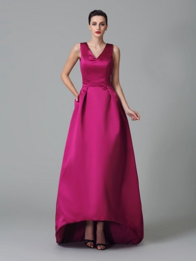 A-Line/Princess Straps Ruched Sleeveless High Low Satin Bridesmaid Dresses [60272]