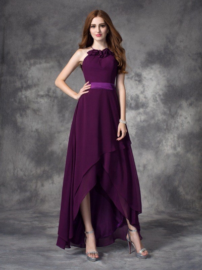 A-line/Princess Halter Ruffles Sleeveless High Low Chiffon Bridesmaid Dresses [60278]