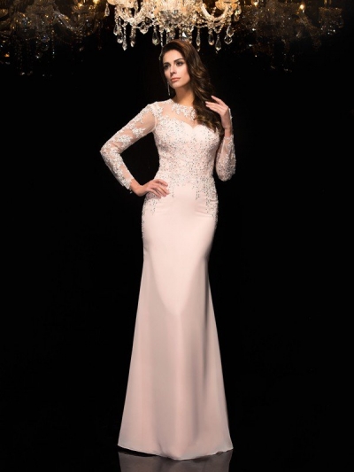 Sheath/Column Sheer Neck Applique 3/4 Sleeves Long Chiffon Dresses [60432]