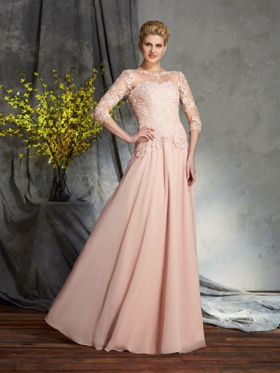 A-Line/Princess Scoop Applique 3/4 Sleeves Long Chiffon Mother of the Bride Dresses [60459]