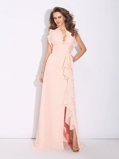 A-Line/Princess High Neck Ruffles Sleeveless Long Chiffon Dresses [60557]