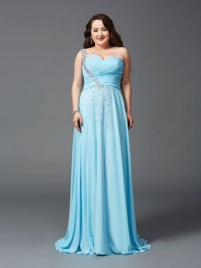 A-Line/Princess One-Shoulder Rhinestone Sleeveless Long Chiffon Plus Size Dresses [60637]