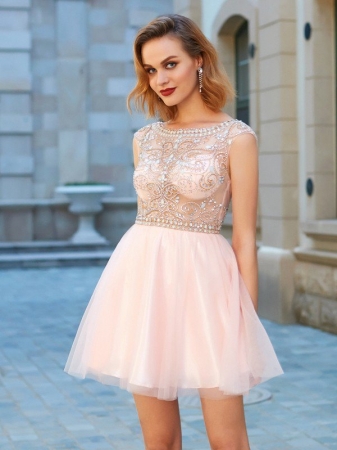 A-Line/Princess Scoop Net Short Sleeves Beading Short/Mini Dresses