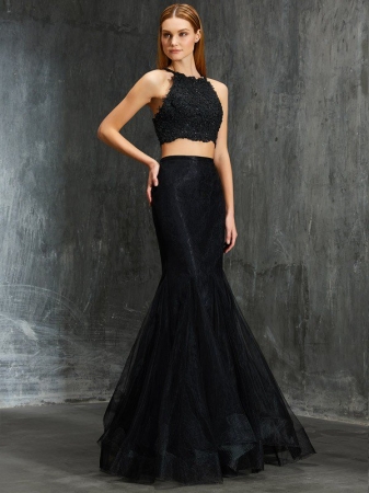 Trumpet/Mermaid Spaghetti Straps Sleeveless Applique Floor-Length Net Two Piece Dresses