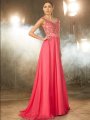 A-Line/Princess Sleeveless Sheer Neck Sweep/Brush Train Applique Chiffon Dresses