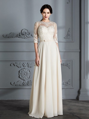 A-Line/Princess Scoop 1/2 Sleeves Floor-Length Chiffon Wedding Dresses