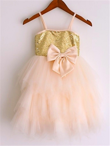 A-line/Princess Spaghetti Straps Sleeveless Sequin Tea-Length Net Flower Girl Dresses