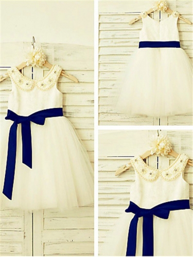 A-line/Princess Scoop Sleeveless Bowknot Tea-Length Tulle Flower Girl Dresses