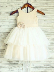 A-line/Princess Straps Sleeveless Hand-made Flower Tea-Length Tulle Flower Girl Dresses