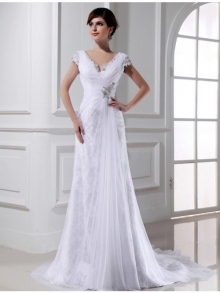 A-Line/Princess Beading V-neck Long Sleeveless Tulle Wedding Dresses