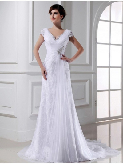 A-Line/Princess Beading V-neck Long Sleeveless Tulle Wedding Dresses [N13ZAYS5623]